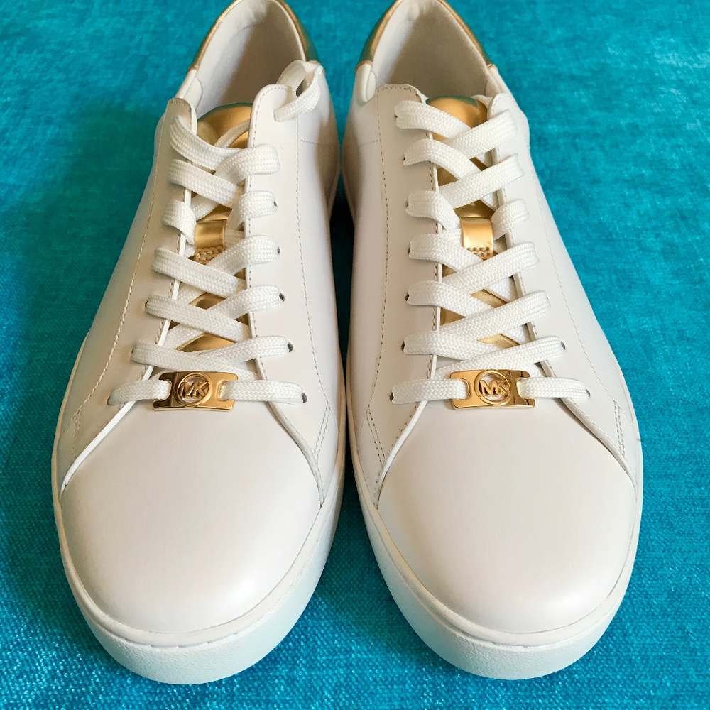 Michael Kors White & Gold Leather Sneakers Size 11 - Picture 1 of 7